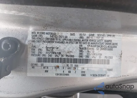 2012 Ford Focus Se from USA, damaged, VIN 1FAHP3K20CL432255